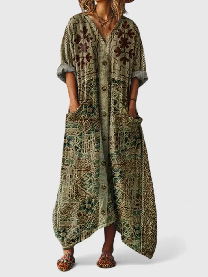 Oversized women's bohemian printed jumpsuit. Comfortable, wide-leg, perfect for relaxed summer fashion & travel.