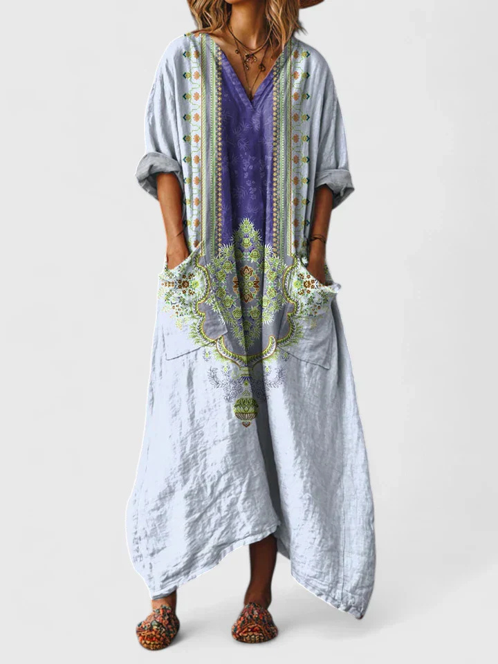 Women's casual bohemian printed wide-leg jumpsuit. Comfortable v-neck style for effortless summer fashion.
