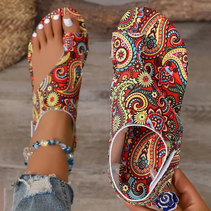 Women's Bohemian Slingback Flats, stylish comfort shoes with open toe and unique print, perfect for summer.
