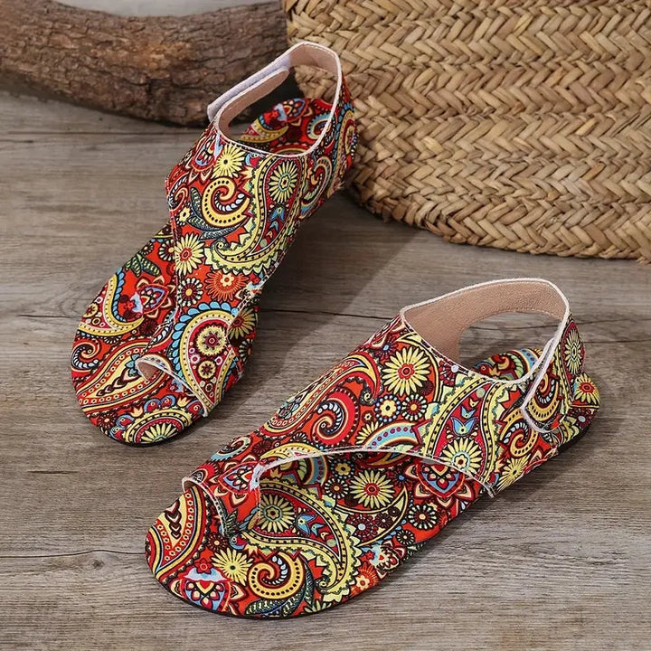 Stylish Bohemian printed slingback flats for women. Chic open-toe design, perfect for casual or summer outfits.