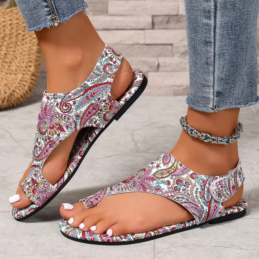 Women's Bohemian slingback flats on foot, showcasing stylish printed design, comfort, and open-toe for casual wear.