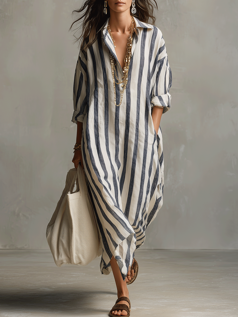Women's bohemian striped maxi dress, a flowy long summer dress with relaxed fit for effortless chic style.