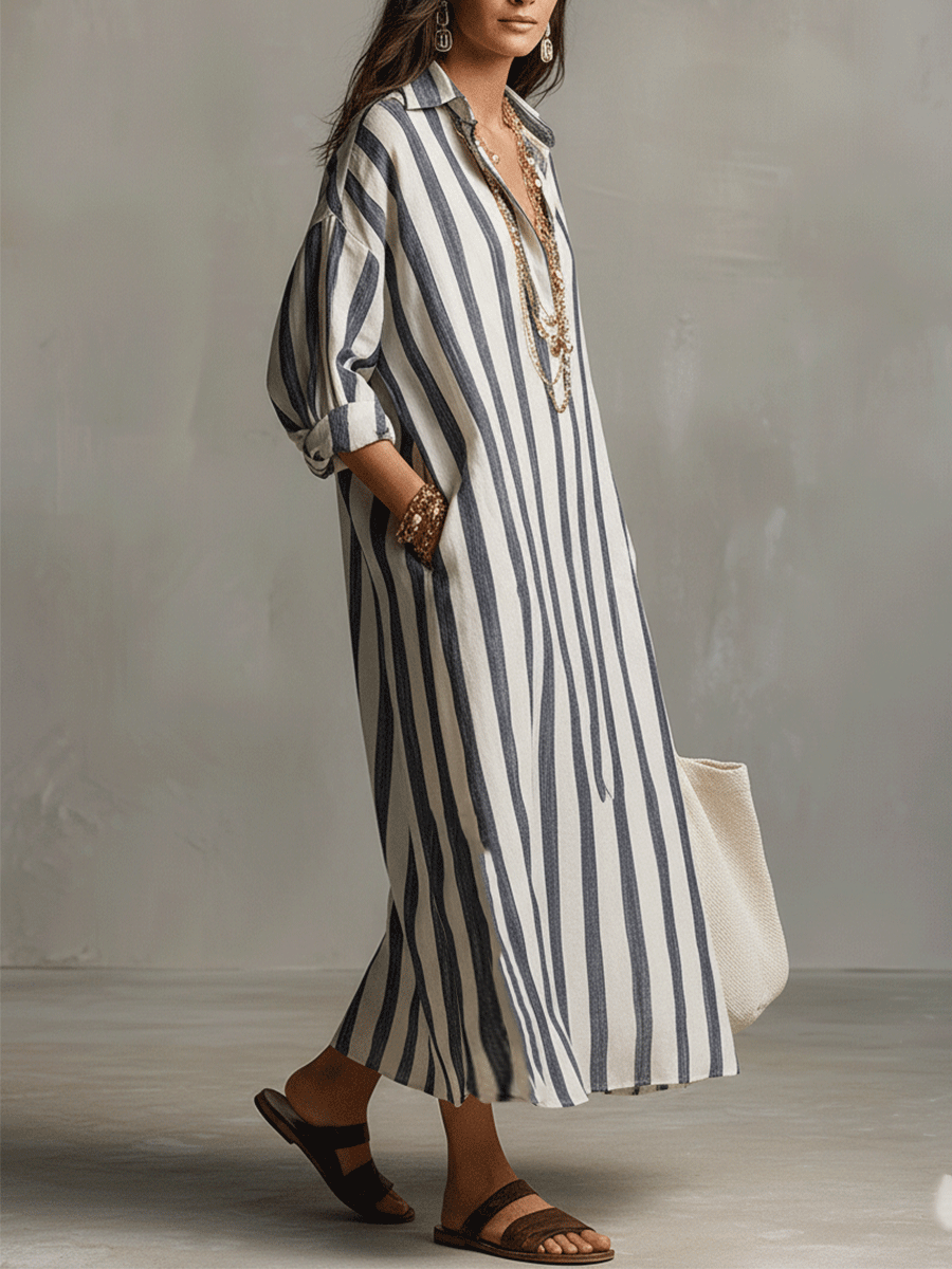 Button-down bohemian striped maxi dress for women, offering a relaxed and flowy fit, perfect for summer chic.