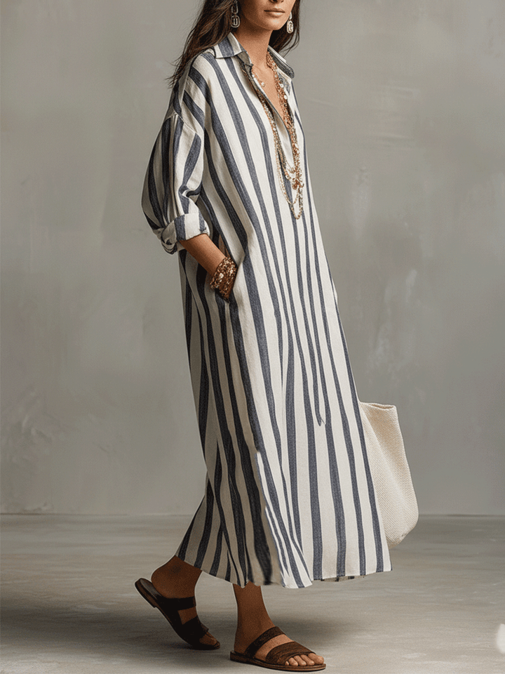 Button-down bohemian striped maxi dress for women, offering a relaxed and flowy fit, perfect for summer chic.