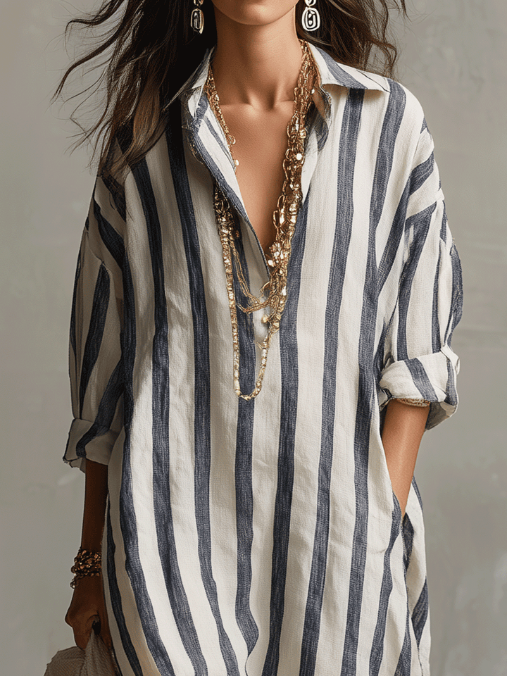 Casual women's striped maxi dress with a bohemian flowy design. Relaxed long dress for easy summer everyday wear.