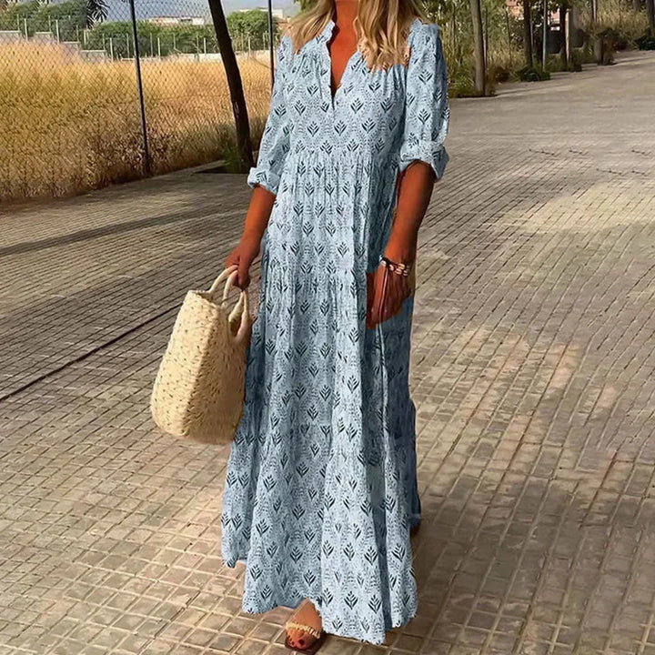 Women's bohemian V-neck maxi dress, flowing style with long sleeves. Perfect for casual wear, beach, or vacation.