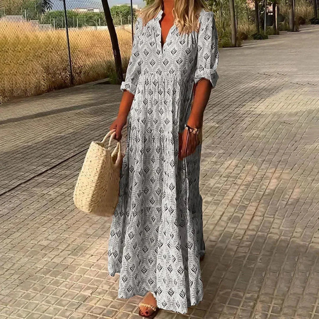 Elegant women's V-neck maxi dress, relaxed flowing bohemian style with long sleeves. Great for vacation & everyday.
