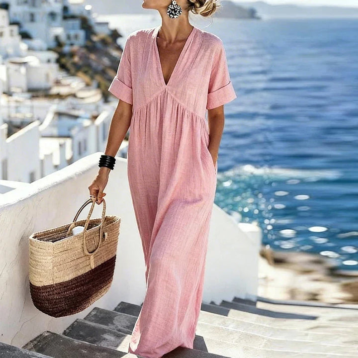 Versatile women's bohemian V-neck maxi dress with pockets. A modest, relaxed fit flowy sundress for any occasion.