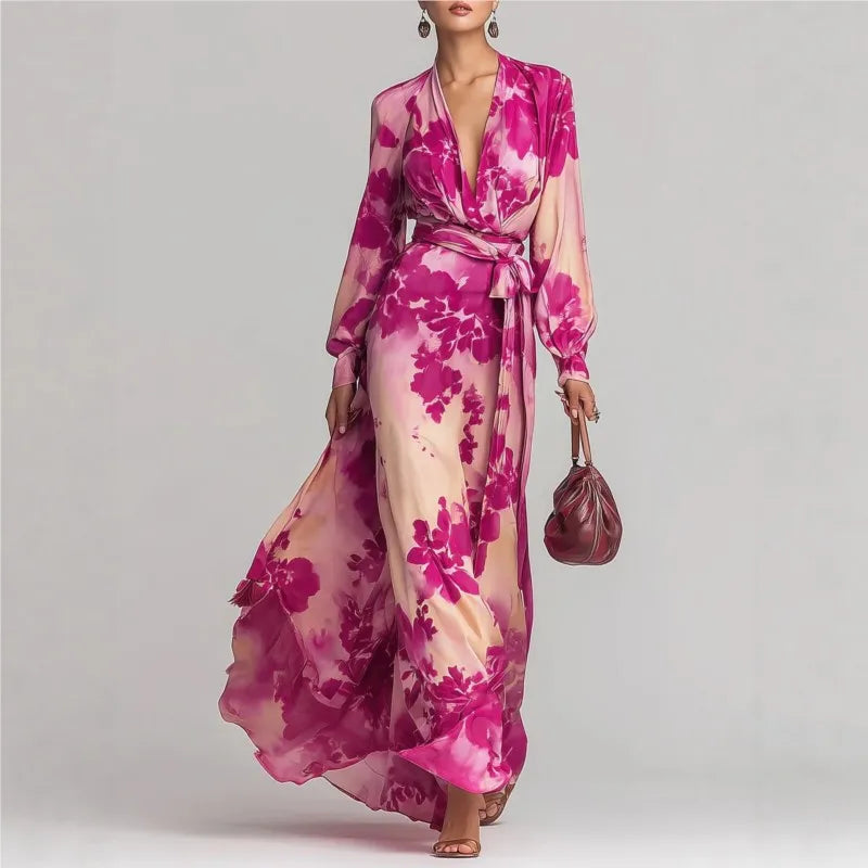 Women's Bohemian V-neck maxi dress with lantern sleeves & belt, perfect for summer vacations & elegant parties.