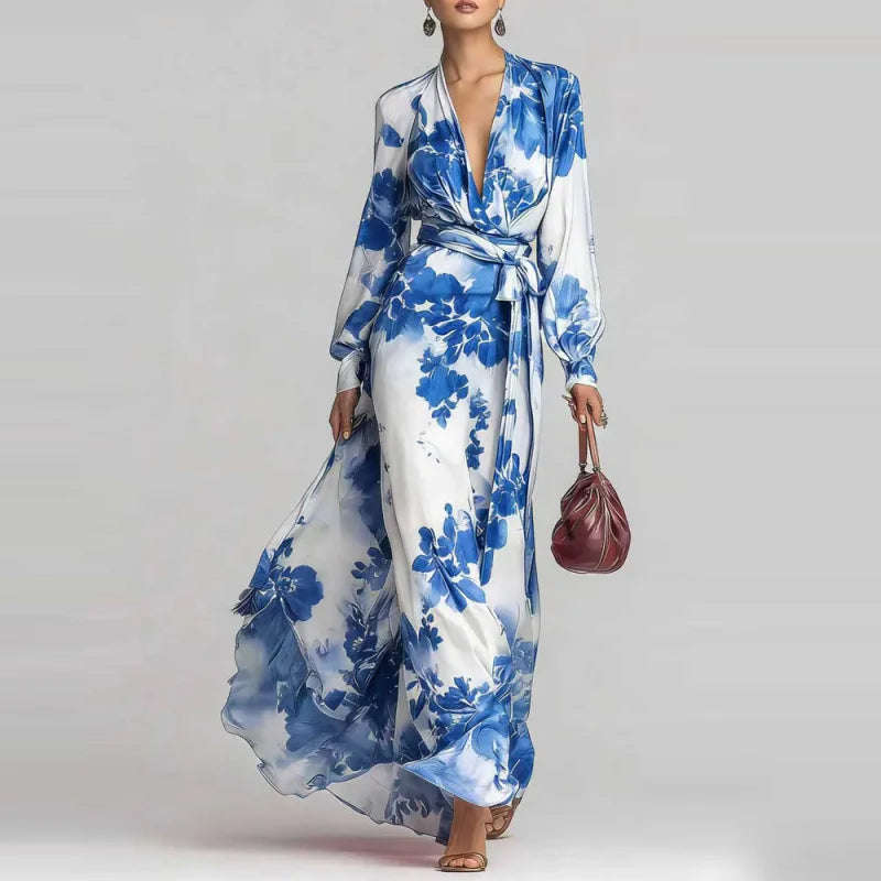 Elegant long bohemian V-neck maxi dress for women, featuring a comfortable flowy design and stylish lantern sleeves.