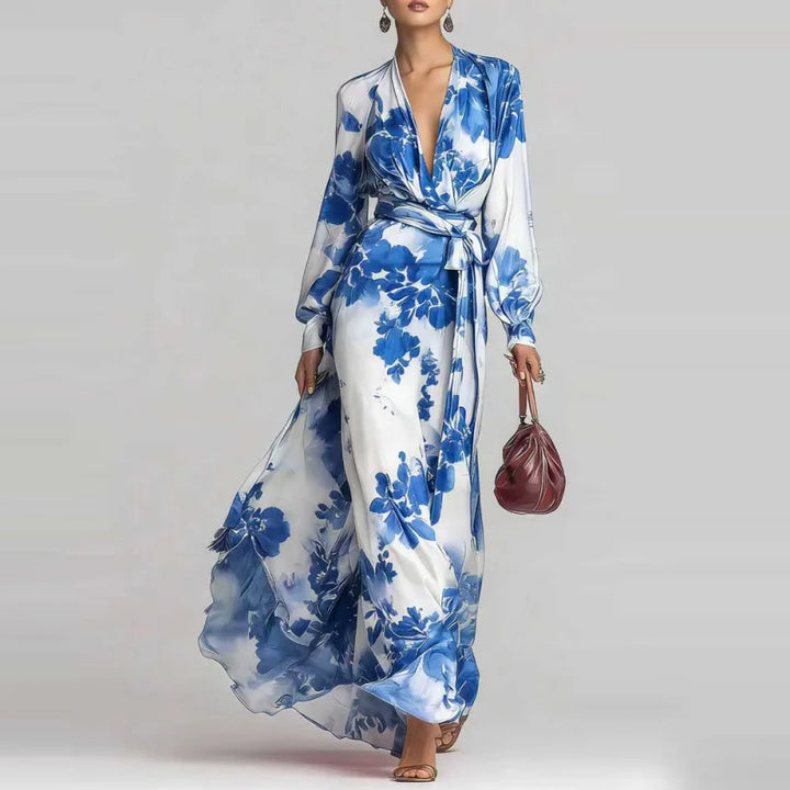 Elegant long bohemian V-neck maxi dress for women, featuring a comfortable flowy design and stylish lantern sleeves.