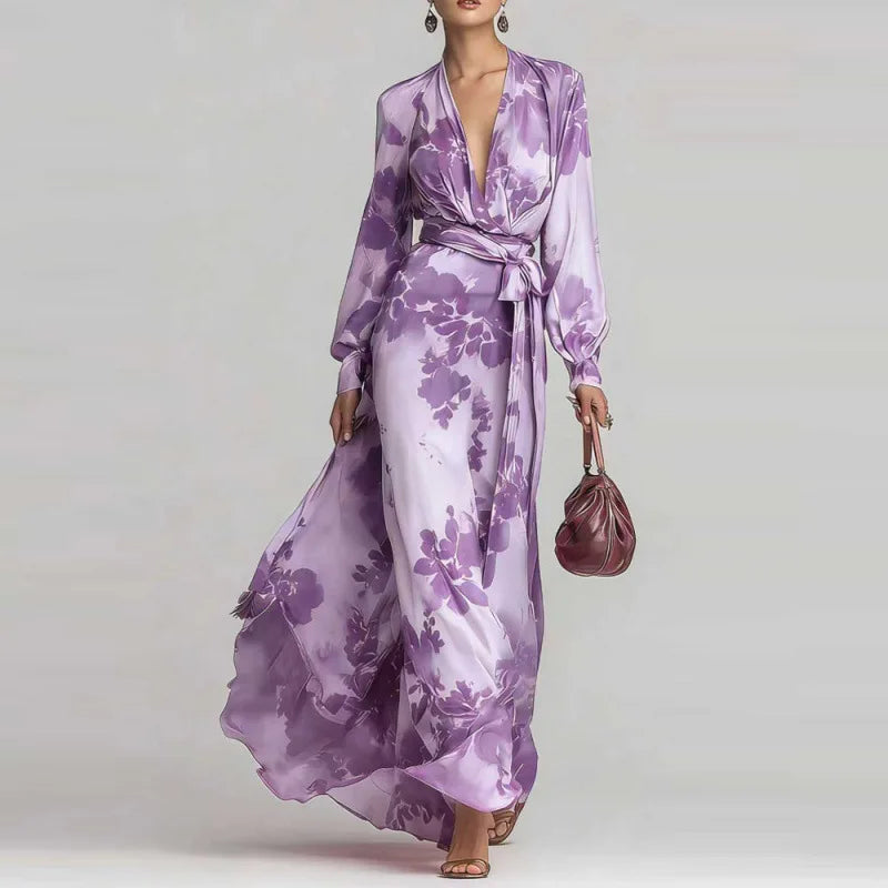 Stunning women's bohemian maxi dress, deep V-neck, belted, with flowy skirt, ideal for parties or a summer vacation.