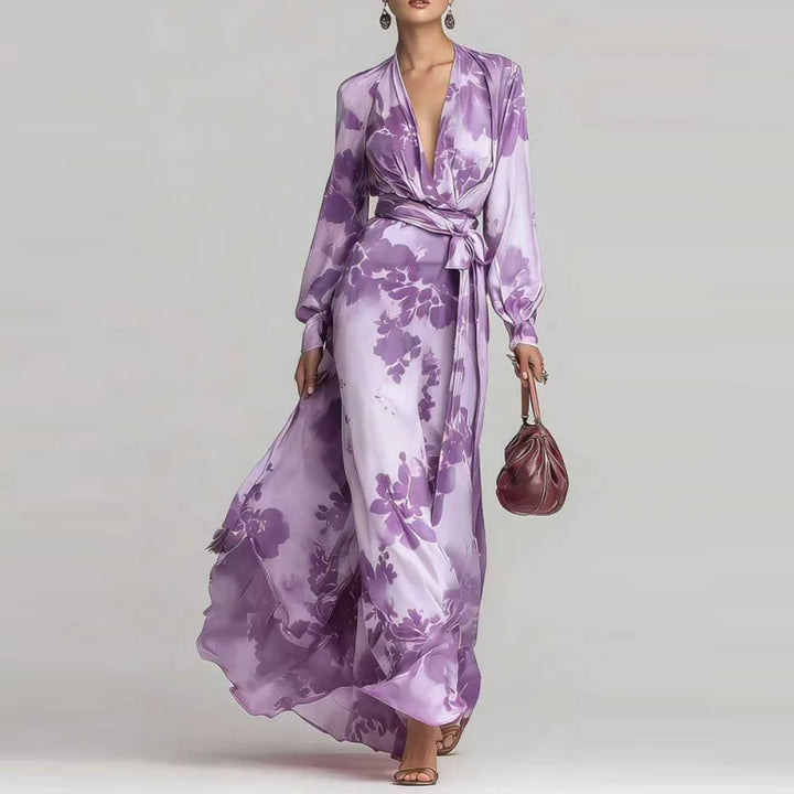 Stunning women's bohemian maxi dress, deep V-neck, belted, with flowy skirt, ideal for parties or a summer vacation.