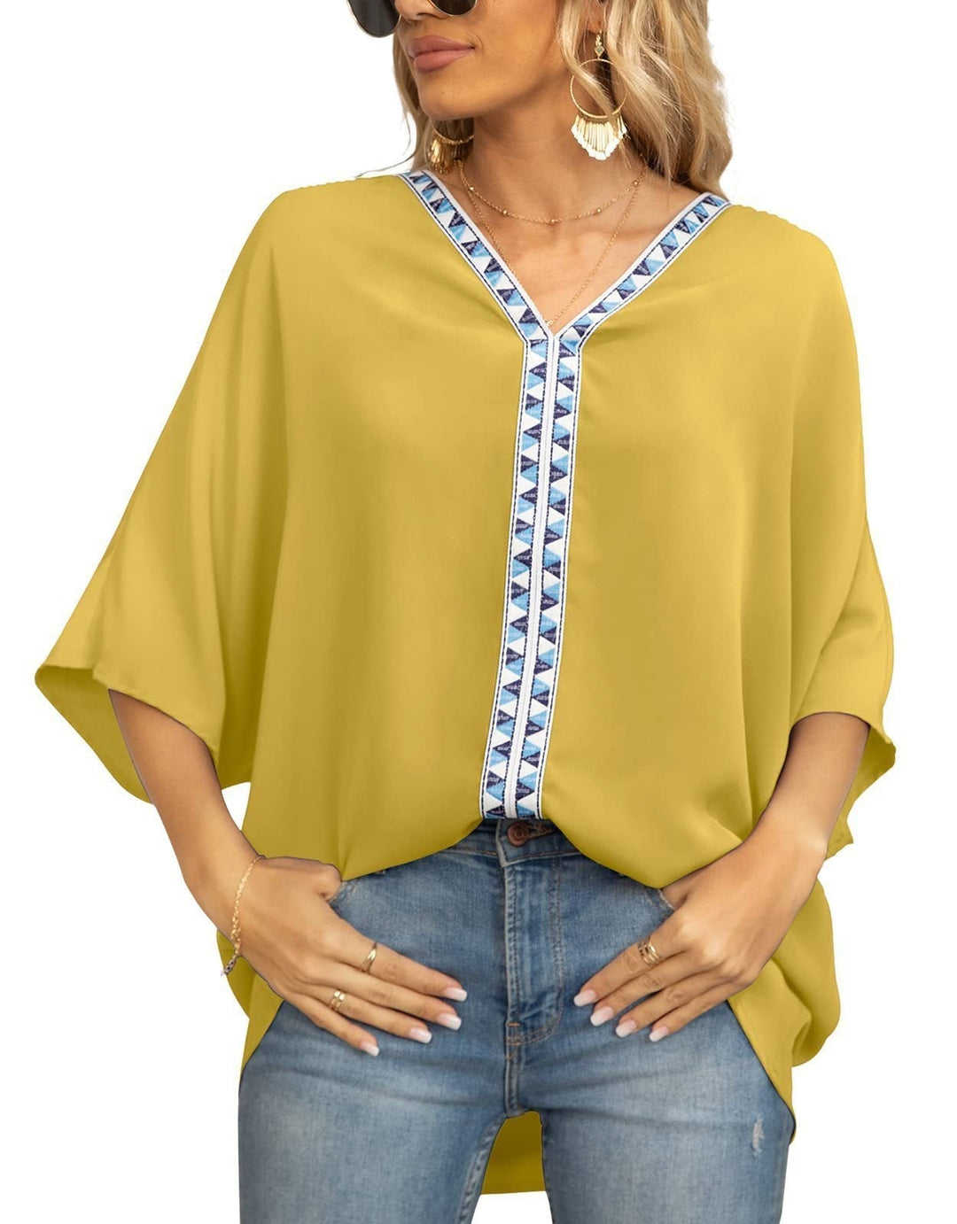 Oversized V-neck bohemian tunic for women, ideal for comfortable summer and spring casual wear.