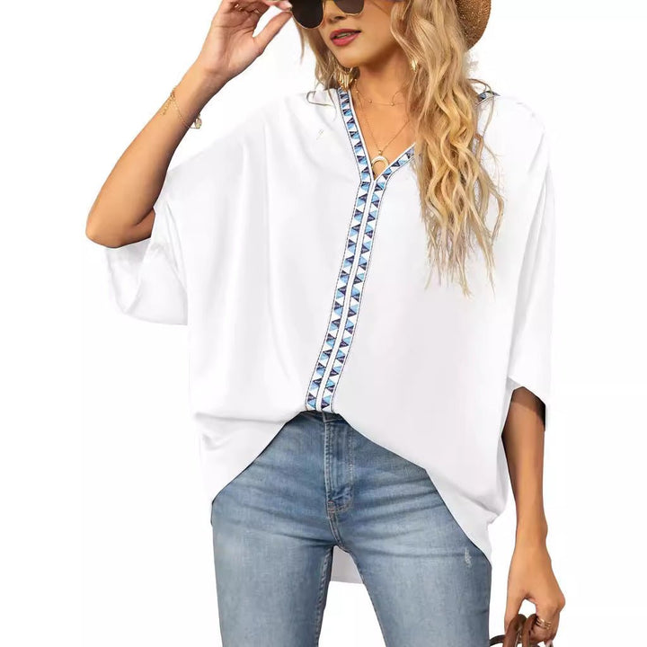 Comfortable women's spring/summer V-neck tunic top, half sleeves, detailed bohemian embroidery.