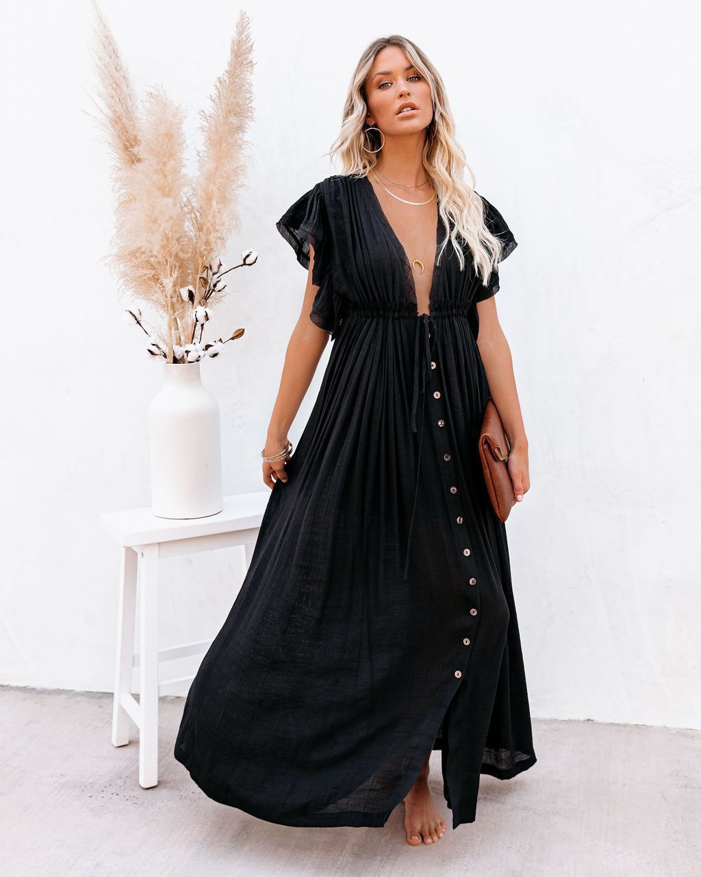 Women's boho beach cover up kimono with flowing V-neck, perfect for beachwear & resort fashion.