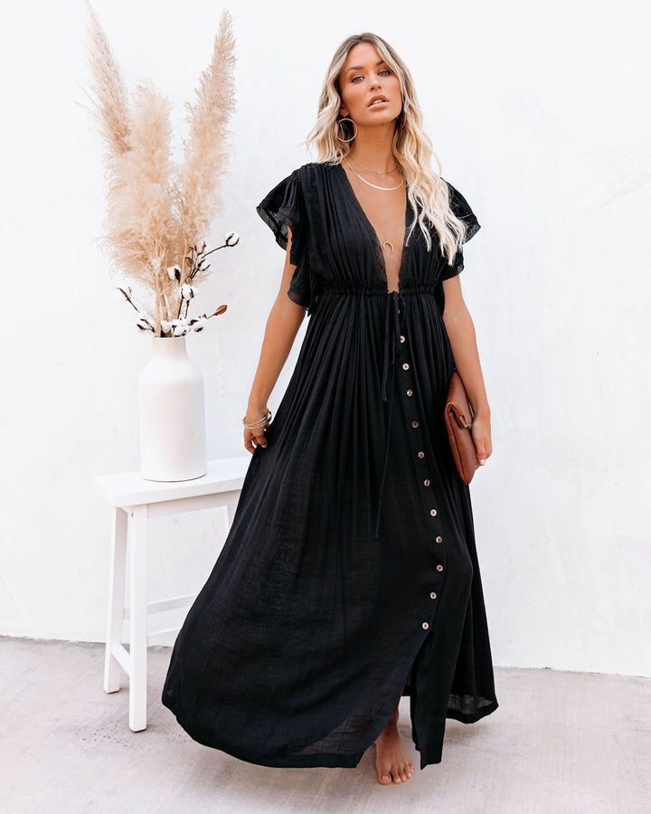 Women's boho beach cover up kimono with flowing V-neck, perfect for beachwear & resort fashion.