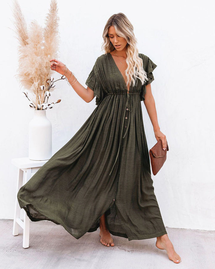 Stylish flowing V-neck kimono beach cover up for women, comfortable resort wear & swim cover.