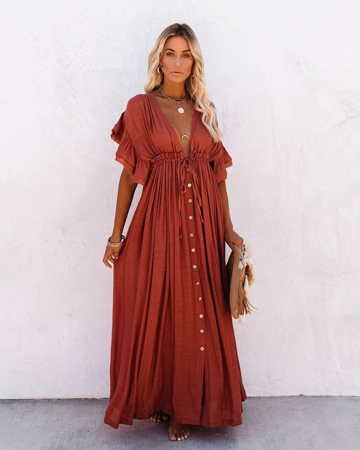 Boho V-neck flowing kimono cover up for women, elegant beachwear, perfect for poolside lounging.