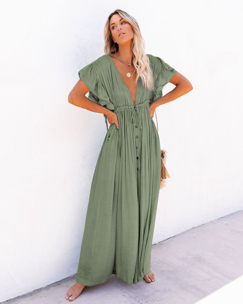 Lightweight & airy women's boho beach cover up kimono, flowing V-neck design for vacation style.