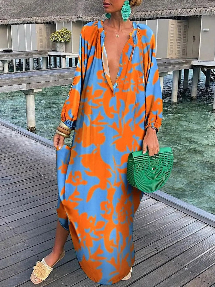 Comfortable bohemian maxi dress for women, relaxed fit, perfect resort wear or spring fashion.