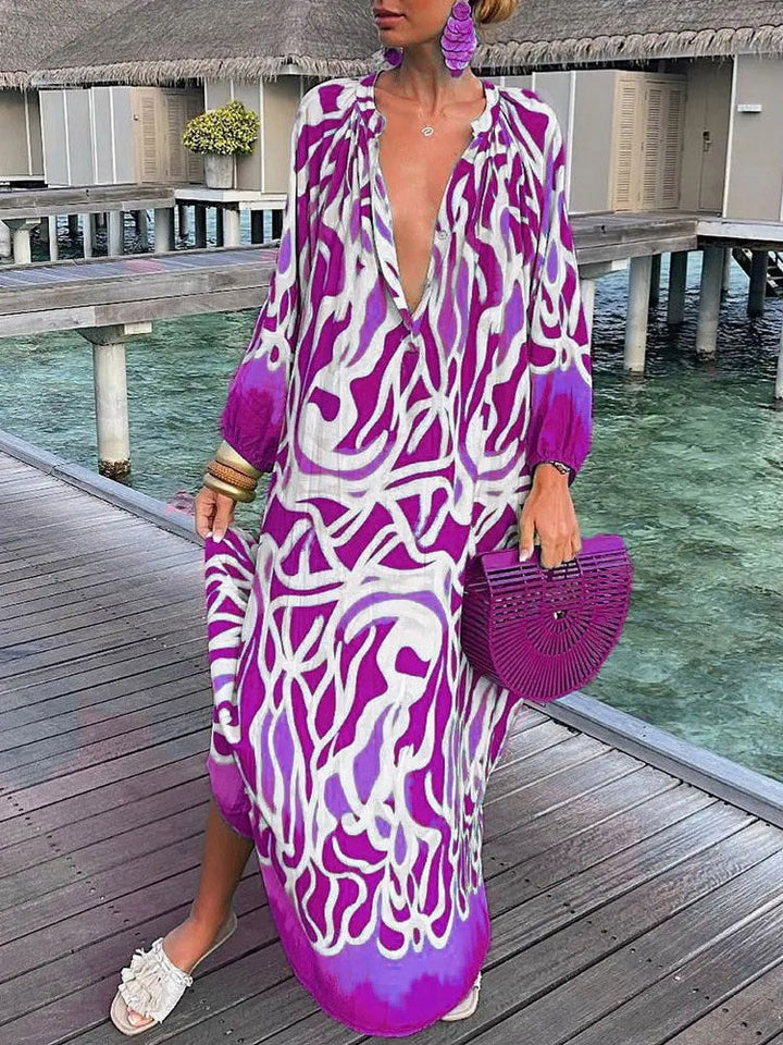 Vibrant print boho maxi dress, women's flowy summer dress, ideal for vacation, beach, or casual wear.