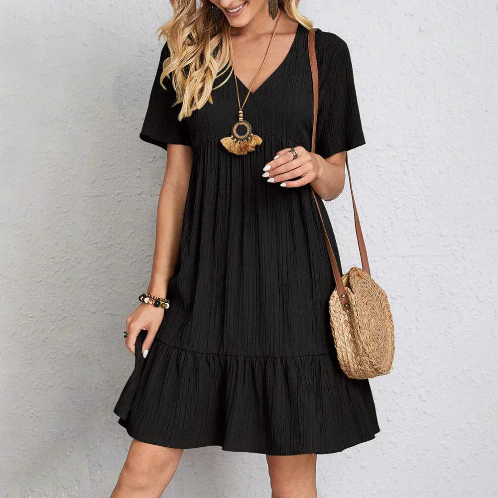 Effortless bohemian style V-neck summer dress for women, casual and chic.