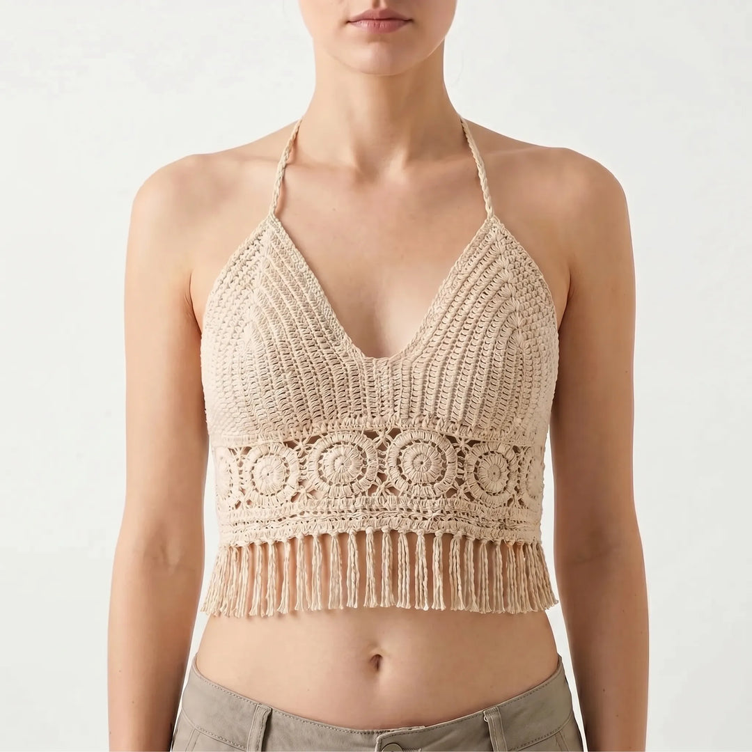 Stylish women's crochet halter crop top for summer, beach, or festival; boho chic design.