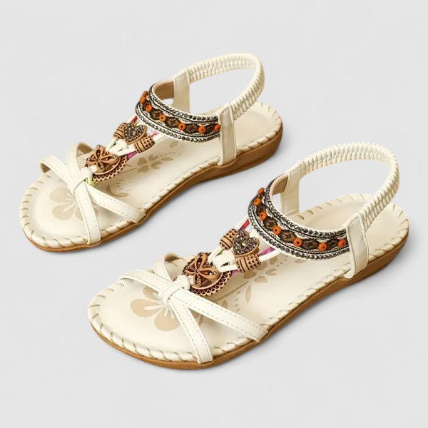 Bohemian women's flat sandals with intricate embroidery. Ideal for summer, beach, and vacation.