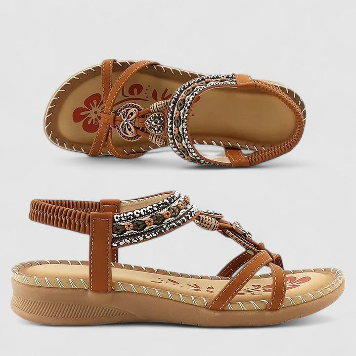 Stylish women's ethnic embroidered flat sandals. Perfect casual and comfortable summer footwear.