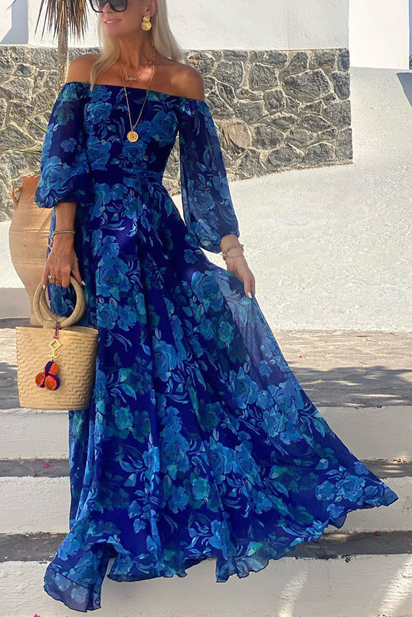 Women's boho floral off-shoulder maxi dress, perfect for wedding guests, summer events & vacations.