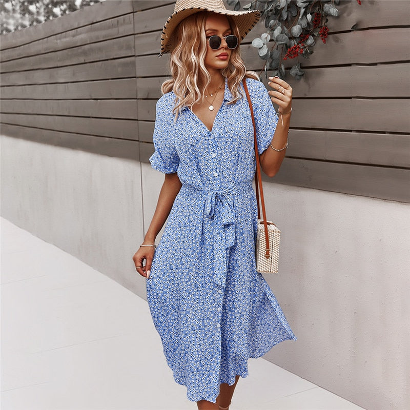 Women's boho floral V-neck midi dress with full button front, perfect for spring & summer casual wear.