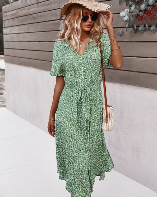 Stylish women's button-front V-neck midi dress with beautiful boho floral print, perfect for spring/summer fashion.