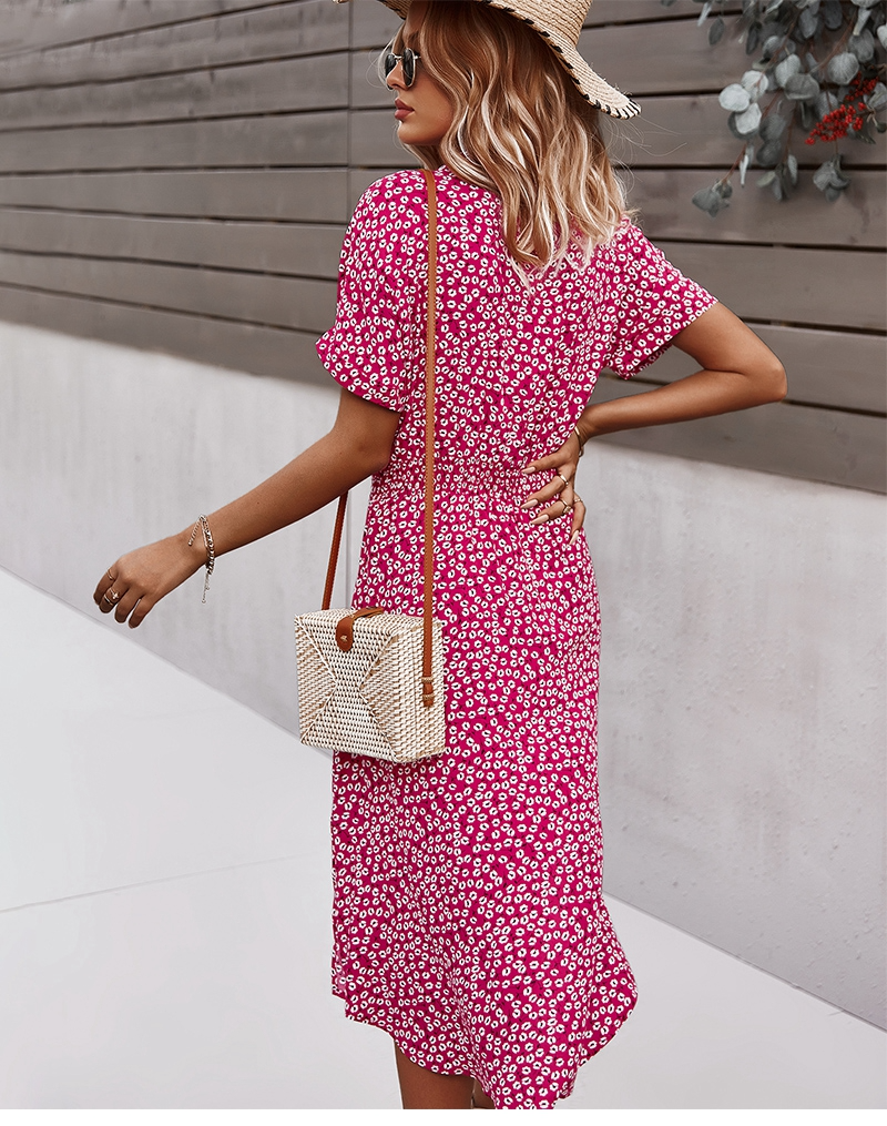 Women's elegant boho floral V-neck midi dress, button-down style, perfect for casual spring & summer outings.