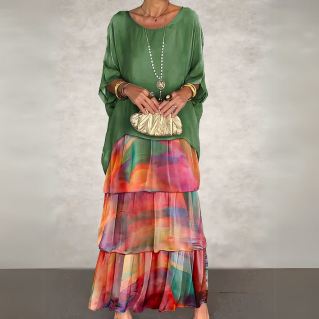 Women's boho flowy maxi dress set with batwing top & tiered skirt, perfect for summer vacation.
