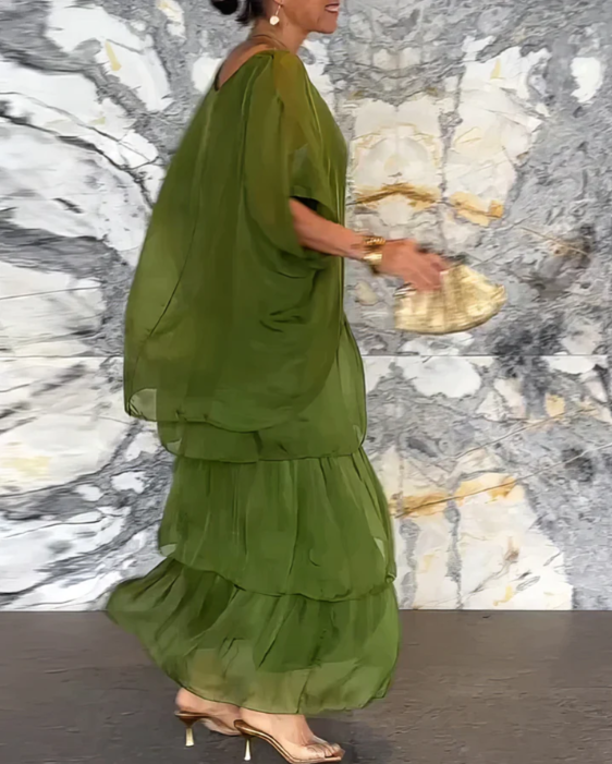 Plus size boho flowy maxi dress set, a two-piece outfit with batwing top & tiered skirt for women.