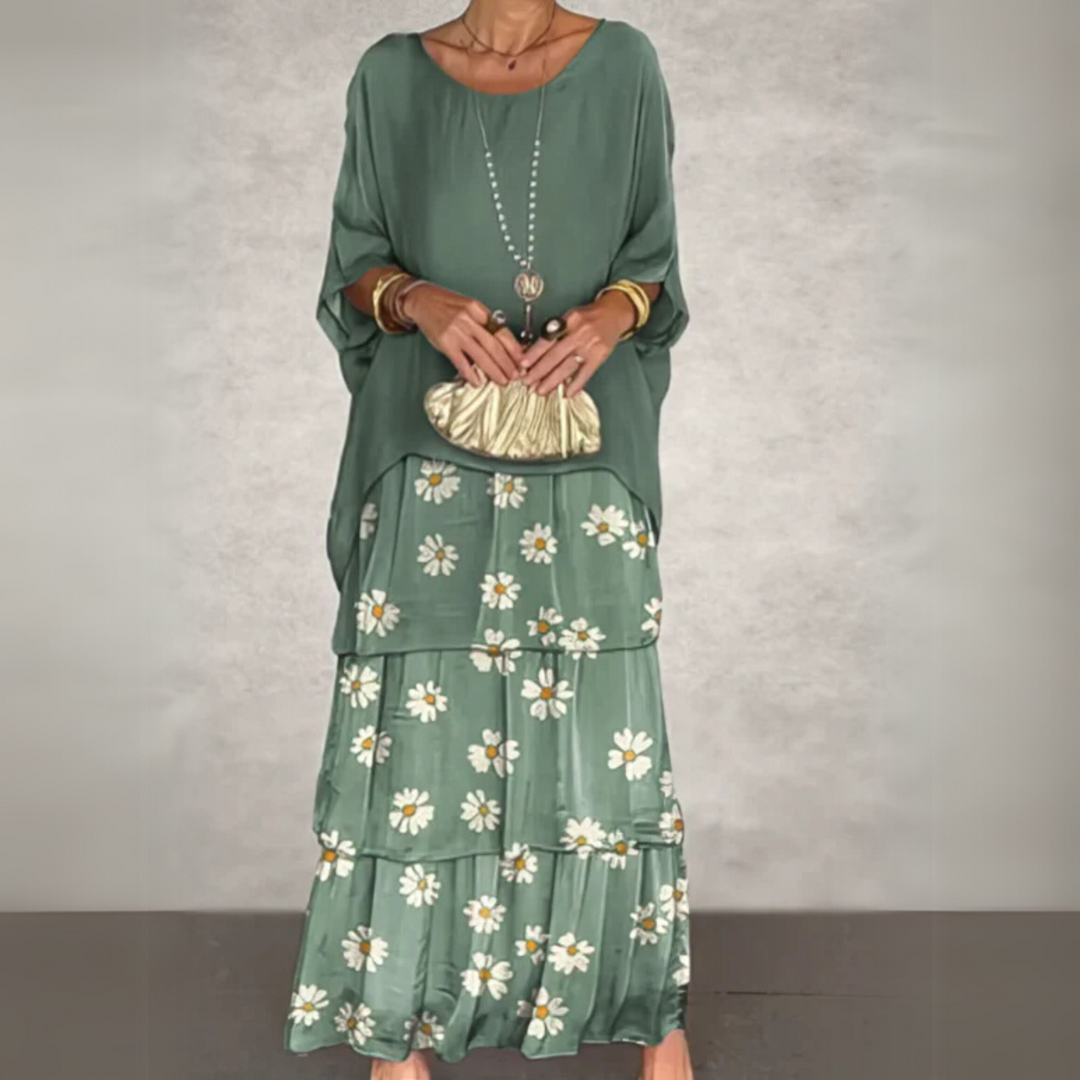 Relaxed fit two-piece boho maxi dress for women, featuring a batwing top and a tiered flowy skirt.