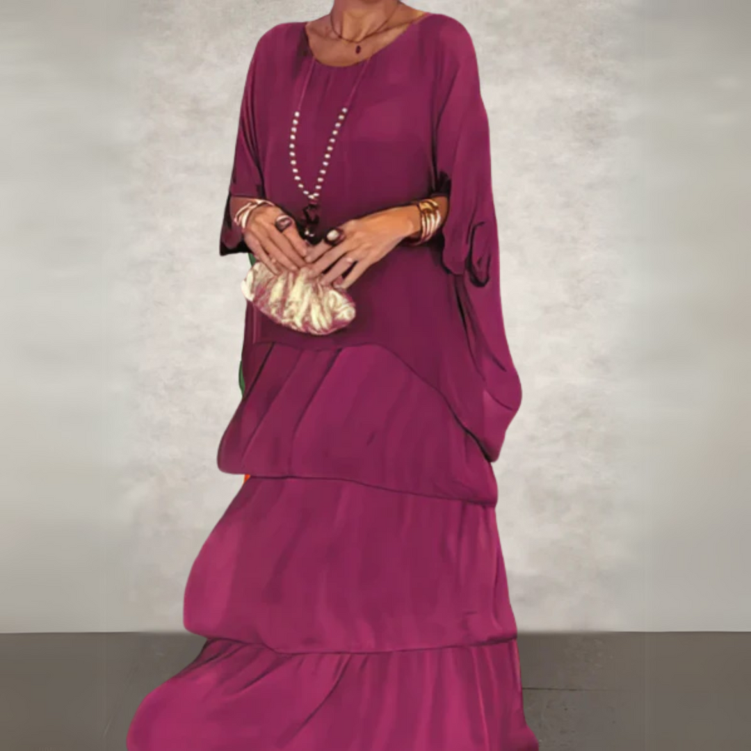 Plus size women's boho flowy maxi dress set, ideal for summer fashion & vacation wear.