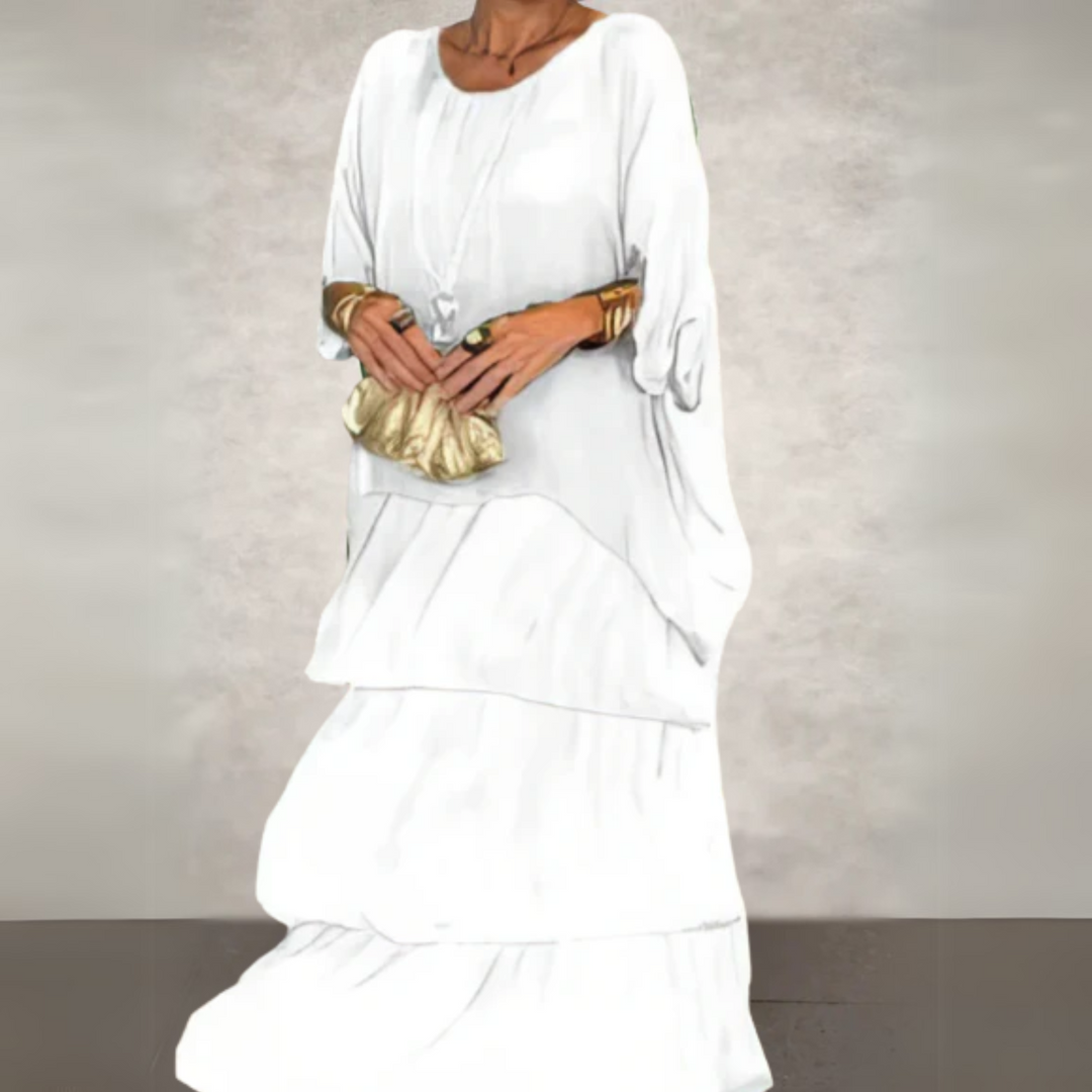 Boho two-piece maxi dress set for women, with a chic batwing top and a breezy tiered skirt.