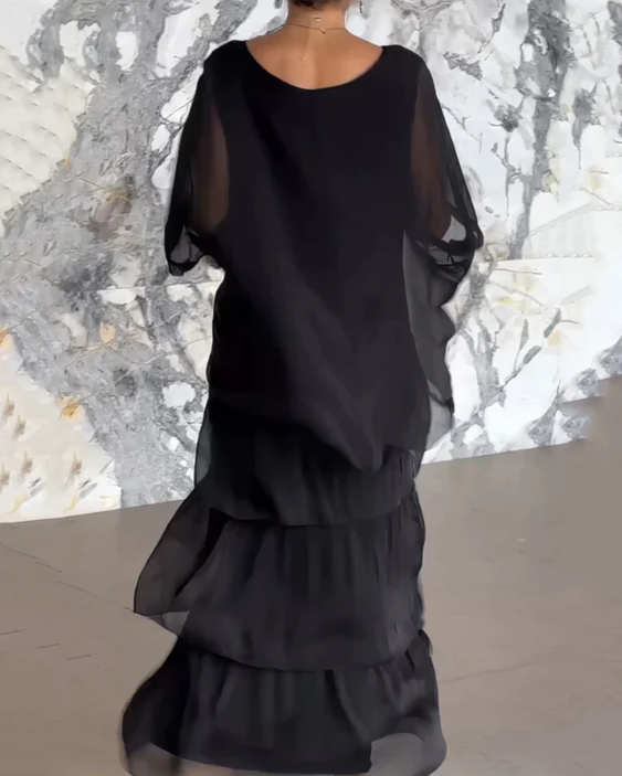 Women's summer style boho maxi dress set, a flowy batwing top and a comfortable tiered skirt.