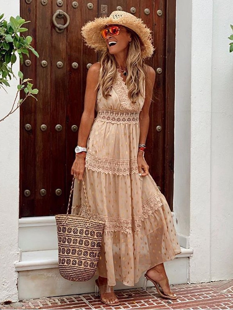 Casual women's long boho dress, Ibiza style, designed for comfortable summer fashion and beach vacation outfits.