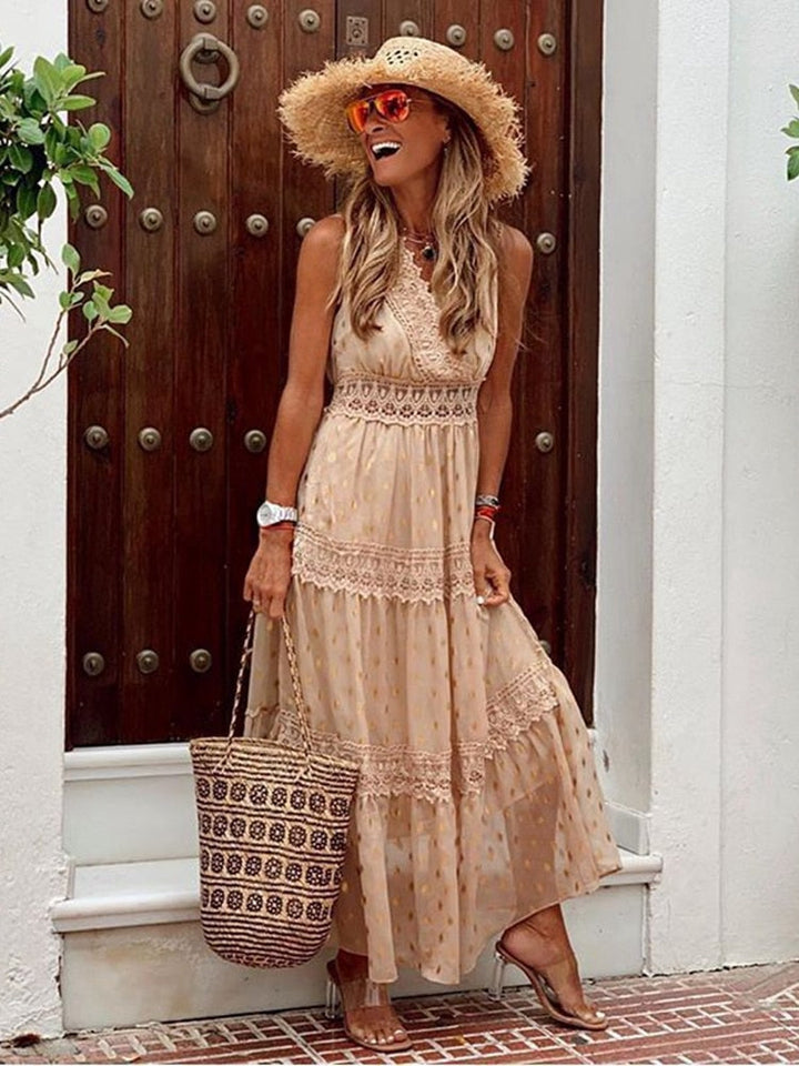 Casual women's long boho dress, Ibiza style, designed for comfortable summer fashion and beach vacation outfits.