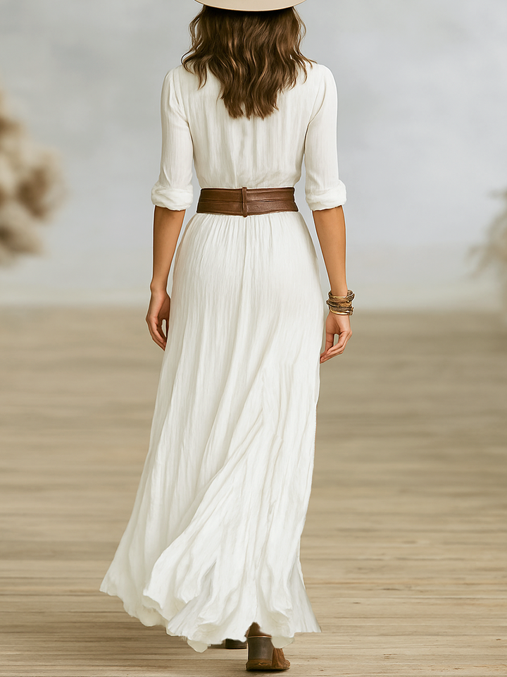 Chic women's belted boho maxi dress with split hem, perfect for casual spring & summer everyday wear.
