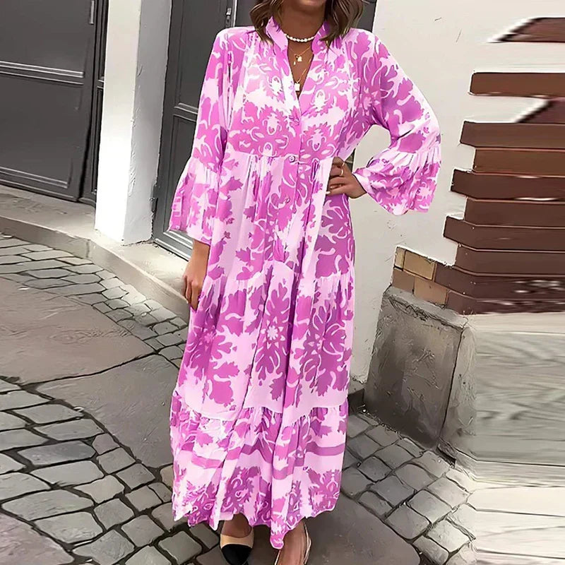 Boho chic women's button-down maxi dress, elegant baroque print, long lantern sleeves for a flowy look.