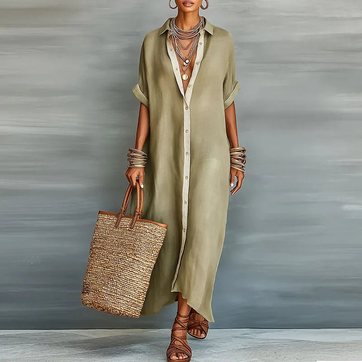 Women's boho maxi shirt dress with elegant contrast print, relaxed fit.