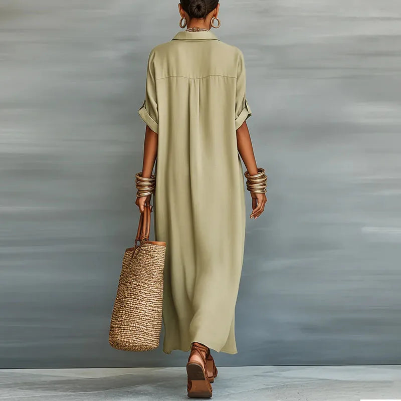 Flowing women's summer maxi shirt dress, button front, short sleeve, perfect for vacation.