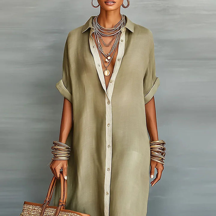 Elegant bohemian maxi shirt dress for women featuring a unique contrast print.