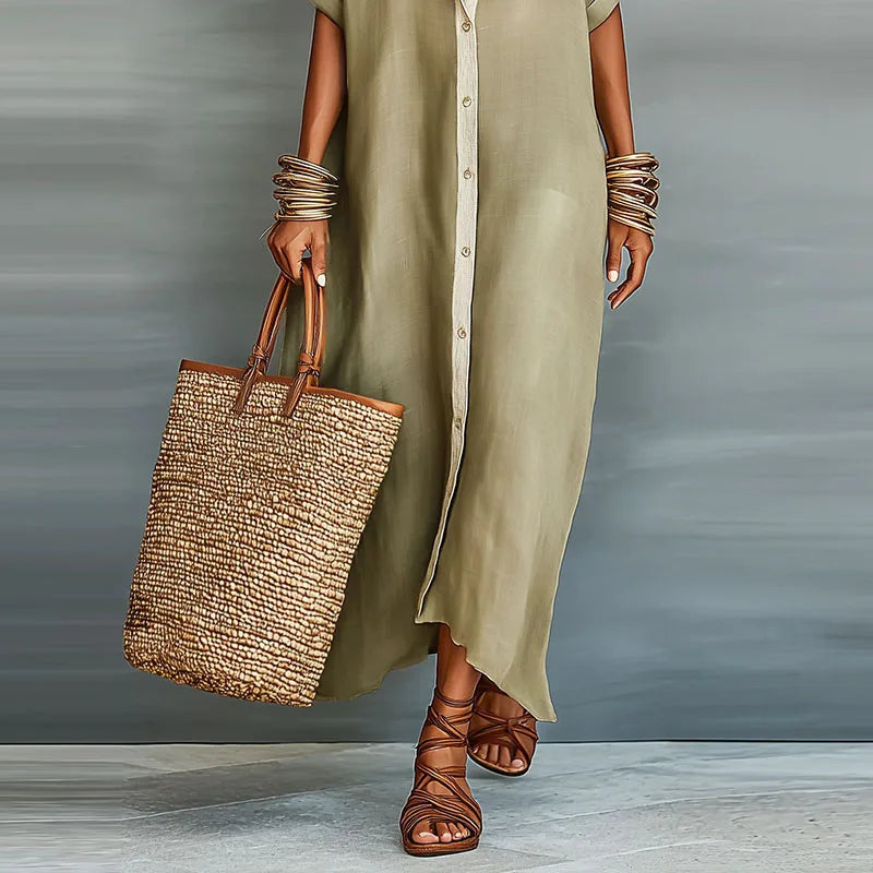Relaxed fit women's boho maxi dress with short sleeves and stylish button front.