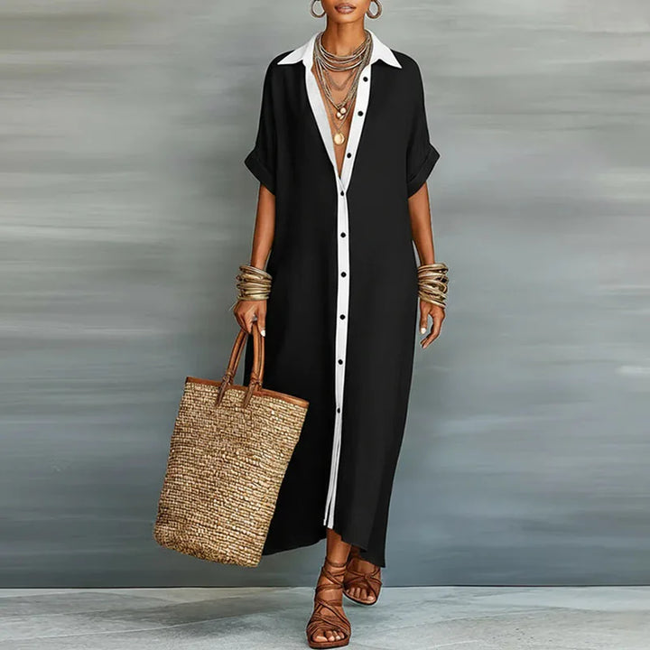 Chic women's shirt dress, contrast print, flowing silhouette, ideal for summer casual wear.