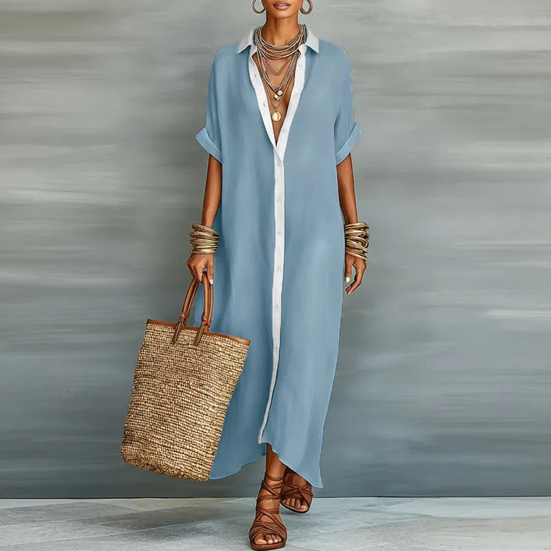 Versatile women's short sleeve maxi dress, button-front, elegant contrast print, vacation ready.